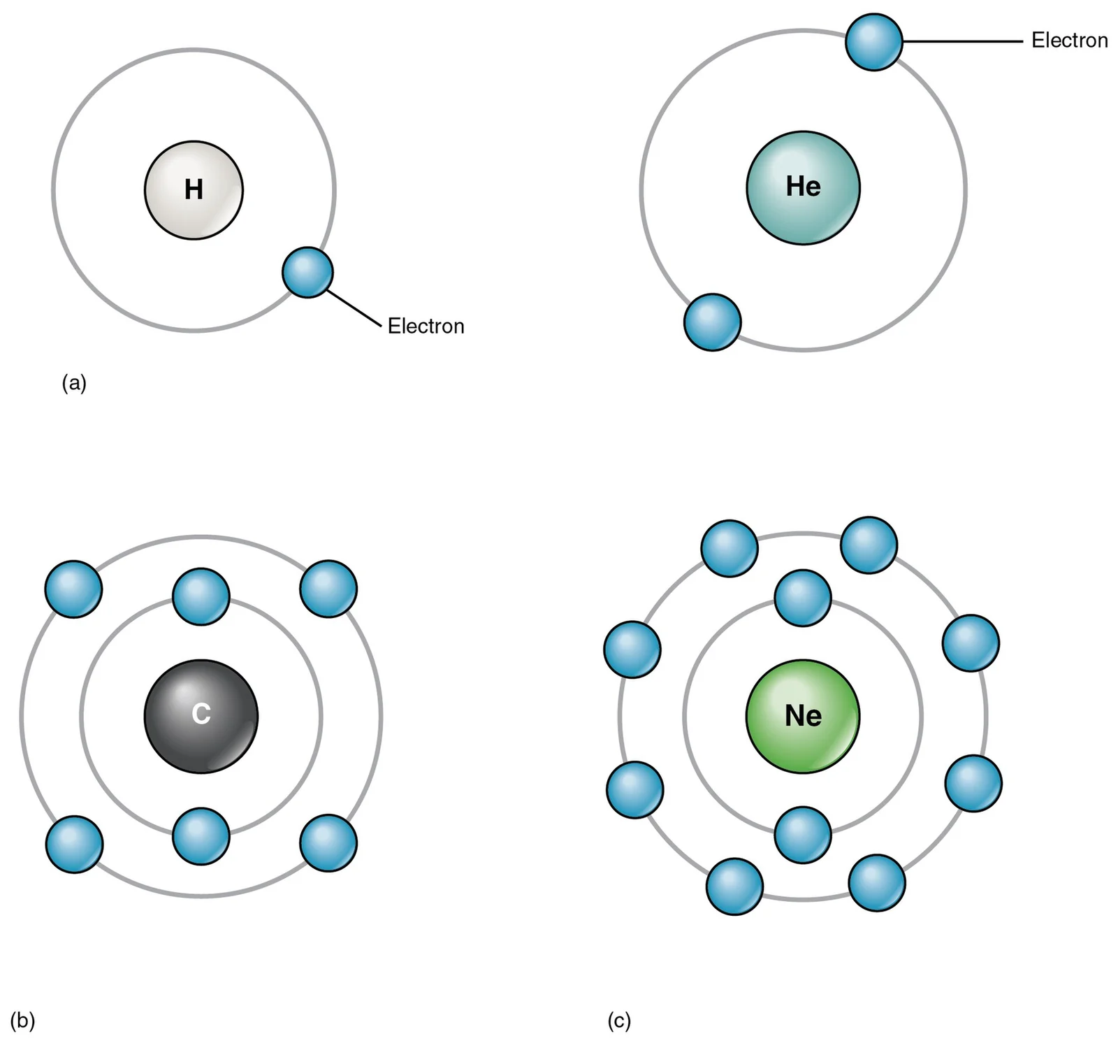 Electron shells: the first holds 2 electrons, the next ones hold 8.